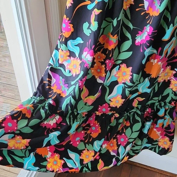 Tropical Floral Pink and Orange Sleeveless Sundress‎ Midi Ruffled sz L - Picture 4 of 13